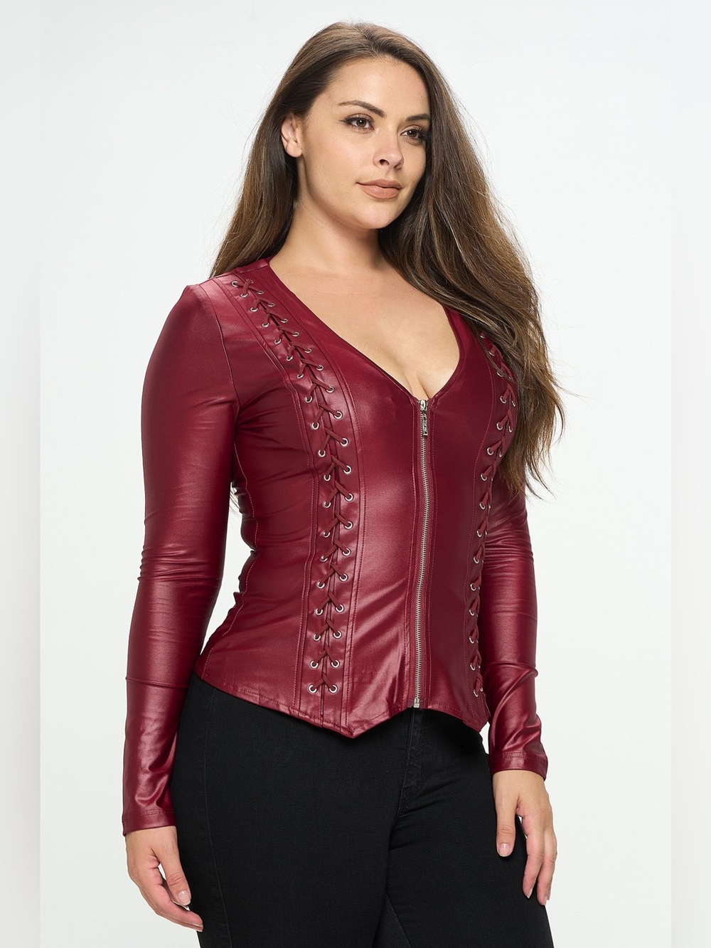 SO Burgundy Faux Leather Lace-Up Zip Front Jacket